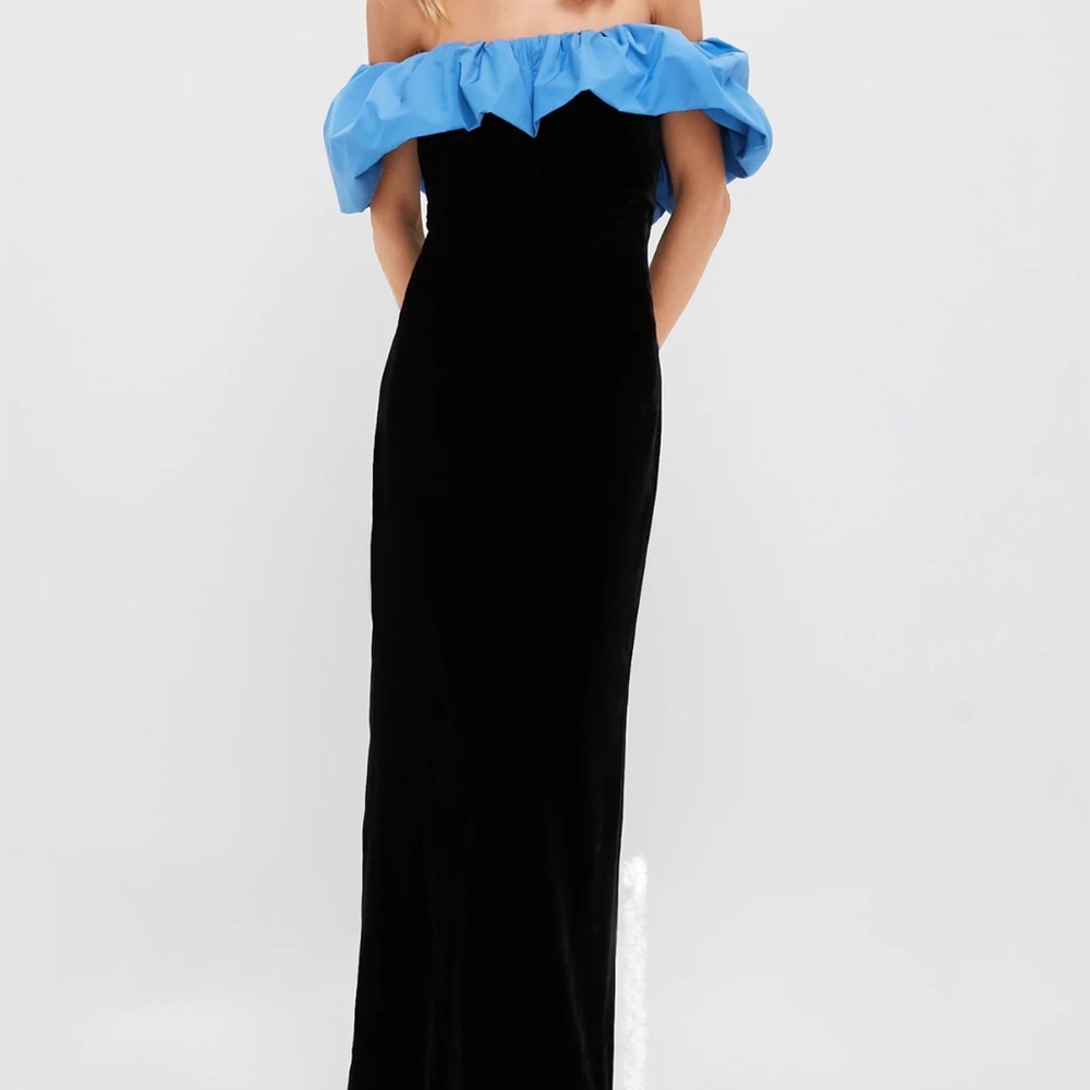 Tuckernuck Black Column Gown with Blue Ruffle Off-Shoulder
